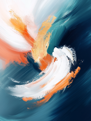 Vibrant abstract painting showcasing sweeping brushstrokes in deep blues, oranges, and whites, symbolizing the movement and energy of ocean waves or wind.