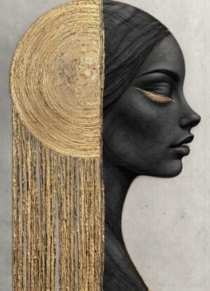 A profile silhouette with cascading gold-textured hair, set against a circular gold element, symbolizing spirituality, enlightenment, and inner grace.