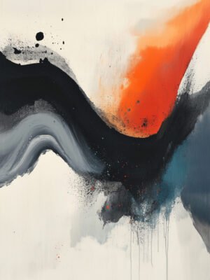 Abstract art with sweeping gray and black curves, vibrant orange splashes, and hints of blue, evoking change and continuity.