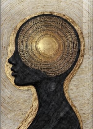 A deep black silhouette set against a textured background with concentric gold circles, symbolizing introspection, energy, and self-awareness.