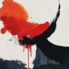 Abstract expressionist art with black strokes, red splashes, and a burst of orange-red, creating emotional intensity against a white background.