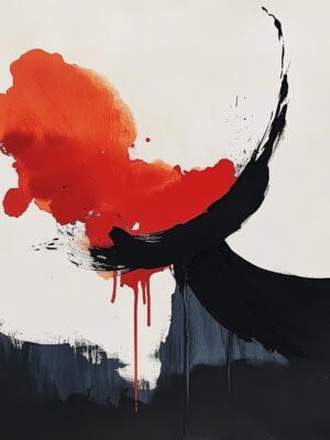 Abstract expressionist art with black strokes, red splashes, and a burst of orange-red, creating emotional intensity against a white background.
