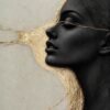 A captivating profile portrait with flowing gold strands against a muted gray background, symbolizing introspection, movement, and the balance of light and shadow.