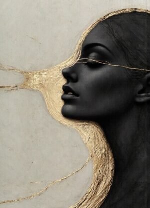 A captivating profile portrait with flowing gold strands against a muted gray background, symbolizing introspection, movement, and the balance of light and shadow.
