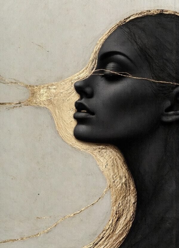 A captivating profile portrait with flowing gold strands against a muted gray background, symbolizing introspection, movement, and the balance of light and shadow.