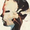 Abstract profile of a figure with deep black, beige, red, and orange accents, symbolizing introspection and creativity.