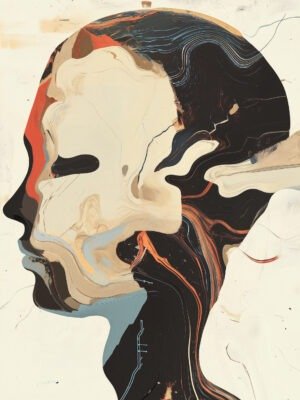 Abstract profile of a figure with deep black, beige, red, and orange accents, symbolizing introspection and creativity.