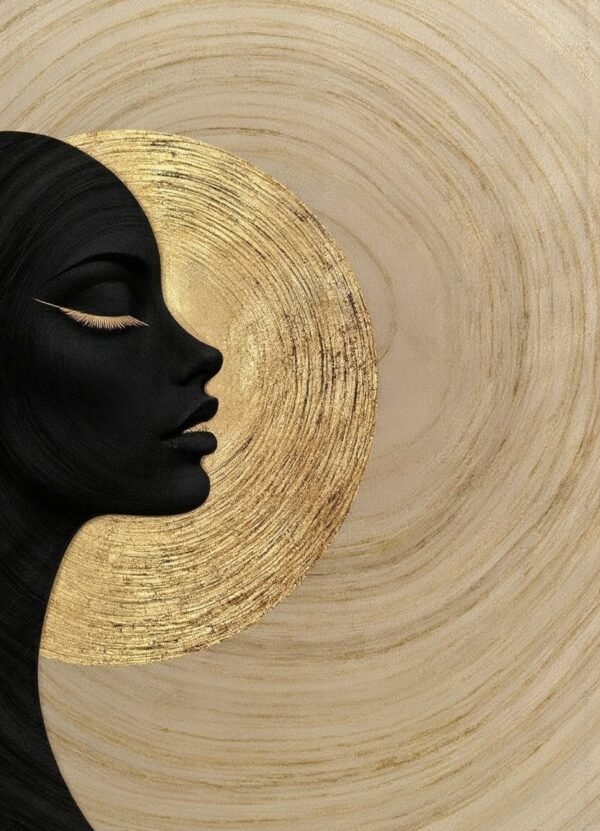 A minimalist portrait of a silhouette in profile, set against a radiant gold circle, evoking themes of introspection, beauty, and celestial harmony.