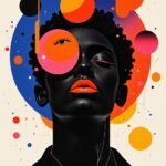 A striking abstract portrait of a figure with a textured hairstyle, set against a vivid background of bold colors and geometric shapes, symbolizing identity and self-discovery.