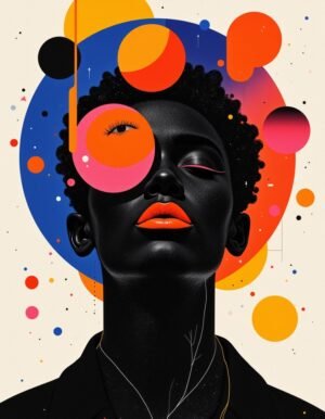 A striking abstract portrait of a figure with a textured hairstyle, set against a vivid background of bold colors and geometric shapes, symbolizing identity and self-discovery.