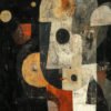 Stylized figure in earth tones with black and gold accents, surrounded by celestial shapes, symbolizing the connection between humanity and the universe.