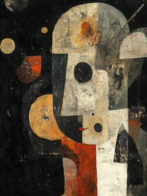 Stylized figure in earth tones with black and gold accents, surrounded by celestial shapes, symbolizing the connection between humanity and the universe.