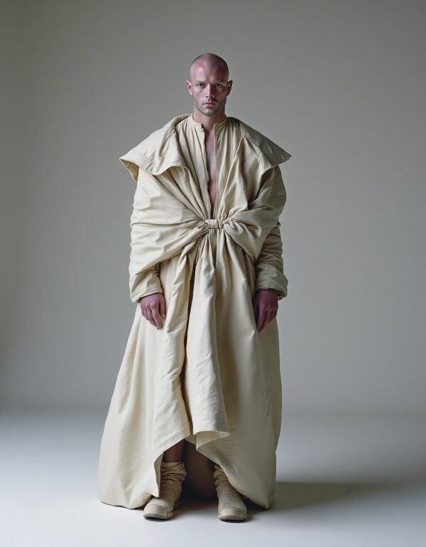 A figure in a flowing beige garment with oversized sleeves and a waist knot, standing confidently against a minimalist background, evoking themes of strength, identity, and self-expression.