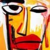 Abstract face in vibrant colors of yellow, red, and black, with exaggerated features and strong lines, symbolizing human emotion and identity.