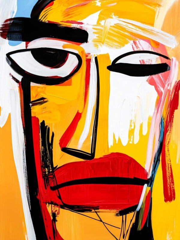 Abstract face in vibrant colors of yellow, red, and black, with exaggerated features and strong lines, symbolizing human emotion and identity.