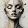 A portrait featuring a split-face design, with one side adorned in gold textures and the other in monochrome, symbolizing identity, transformation, and the balance between light and shadow.
