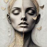 A portrait featuring a split-face design, with one side adorned in gold textures and the other in monochrome, symbolizing identity, transformation, and the balance between light and shadow.