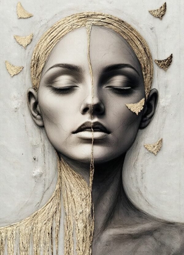A portrait featuring a split-face design, with one side adorned in gold textures and the other in monochrome, symbolizing identity, transformation, and the balance between light and shadow.