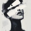 Monochrome portrait with sweeping white strokes partially obscuring the face, highlighting strength, vulnerability, and the complexities of identity.