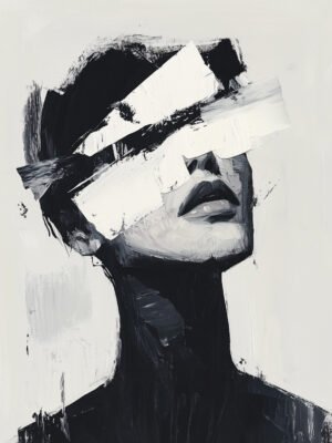 Monochrome portrait with sweeping white strokes partially obscuring the face, highlighting strength, vulnerability, and the complexities of identity.