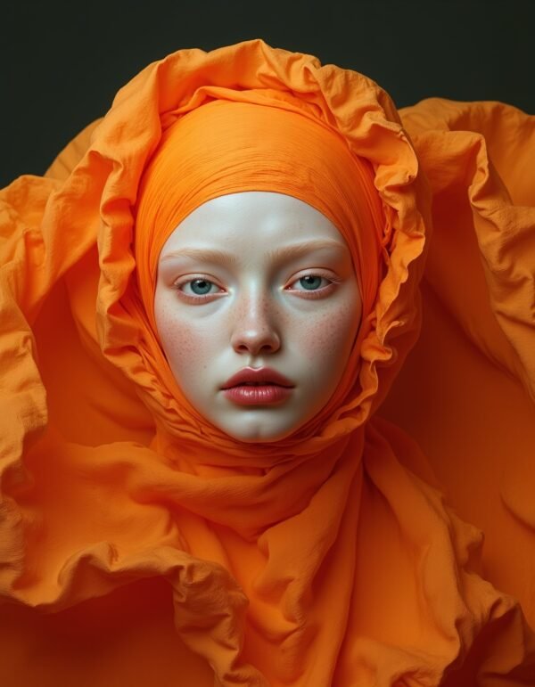 A serene figure surrounded by flowing orange fabric, with large expressive eyes and freckles on her cheeks, symbolizing the interplay of concealment, revelation, and inner strength.