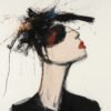 Abstract portrait of a lady with dynamic brush strokes and vibrant red, blue, and yellow hues, showcasing contemporary artistry.