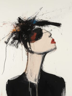 Abstract portrait of a lady with dynamic brush strokes and vibrant red, blue, and yellow hues, showcasing contemporary artistry.