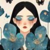 Serene figure with striking makeup and flowing hair, surrounded by vibrant blue flowers and butterflies, symbolizing growth and beauty.
