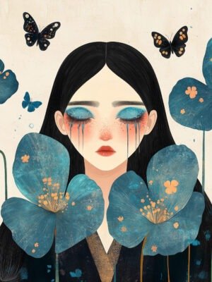 Serene figure with striking makeup and flowing hair, surrounded by vibrant blue flowers and butterflies, symbolizing growth and beauty.