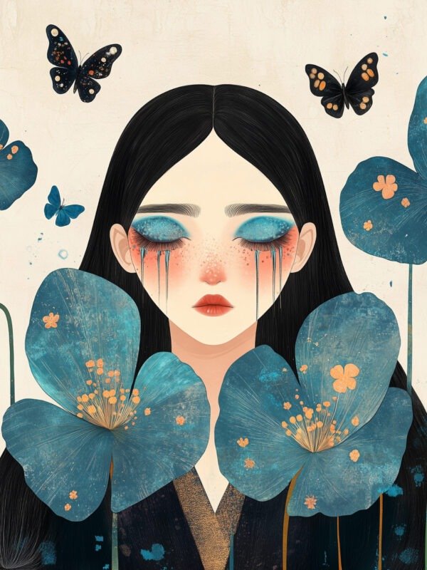 Serene figure with striking makeup and flowing hair, surrounded by vibrant blue flowers and butterflies, symbolizing growth and beauty.