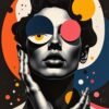 A stylized black and white portrait with bold graphic features, vibrant colored eyes, and dynamic shapes in the background, exploring themes of identity and perception.