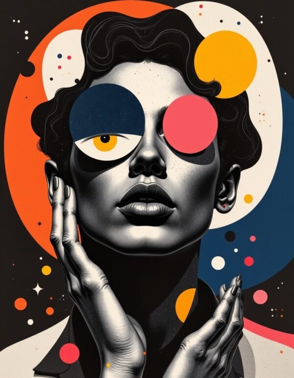 A stylized black and white portrait with bold graphic features, vibrant colored eyes, and dynamic shapes in the background, exploring themes of identity and perception.