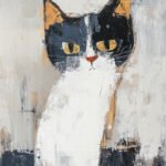 Abstract painting of a cat with bold black, white, and orange hues, creating dynamic charm and sophistication.
