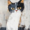 Abstract painting of a cat with bold black, white, and orange hues, creating dynamic charm and sophistication.