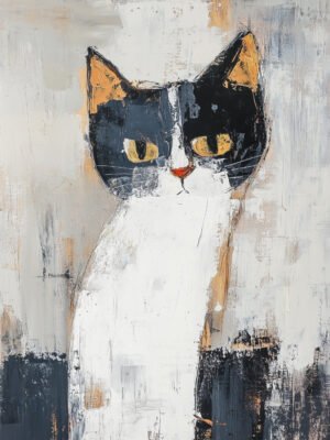 Abstract painting of a cat with bold black, white, and orange hues, creating dynamic charm and sophistication.