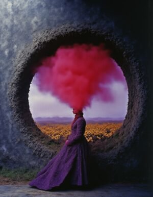 A figure in a purple gown with red smoke rising from her head, framed by a circular opening that reveals a vivid, warm landscape, exploring themes of creativity and introspection.
