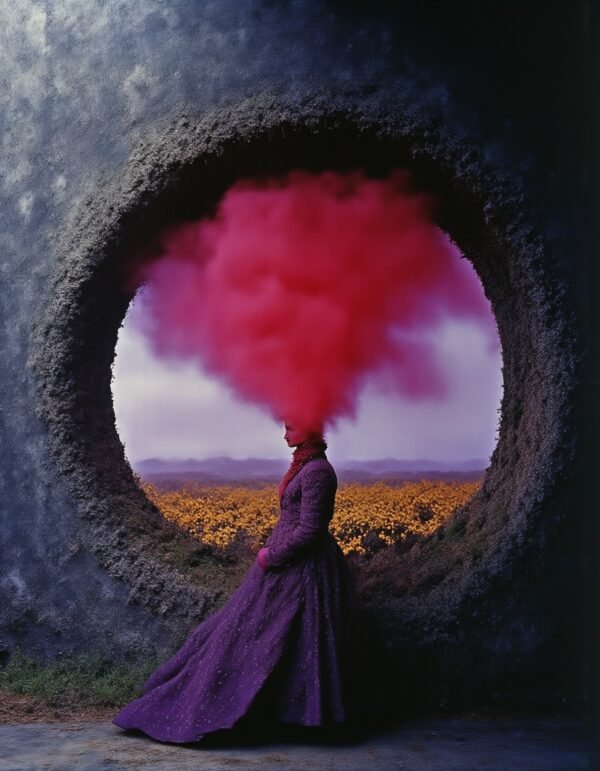 A figure in a purple gown with red smoke rising from her head, framed by a circular opening that reveals a vivid, warm landscape, exploring themes of creativity and introspection.