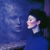 A contemplative figure with soft curls and red lips, her profile set against a textured backdrop with a ghostly reflection, exploring identity and self-perception through art and fashion.
