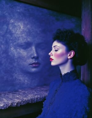 A contemplative figure with soft curls and red lips, her profile set against a textured backdrop with a ghostly reflection, exploring identity and self-perception through art and fashion.