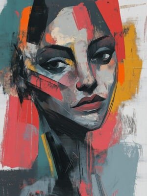 Abstract portrait painting with vivid colors and expressive brushstrokes.