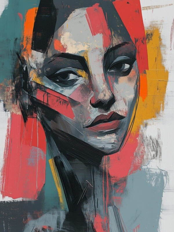 Abstract portrait painting with vivid colors and expressive brushstrokes.