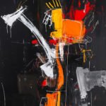 Abstract modern art painting with bold reds, whites, and yellows, depicting energy and movement.