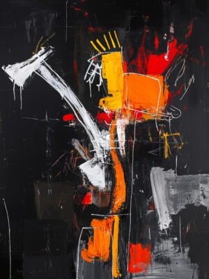 Abstract modern art painting with bold reds, whites, and yellows, depicting energy and movement.