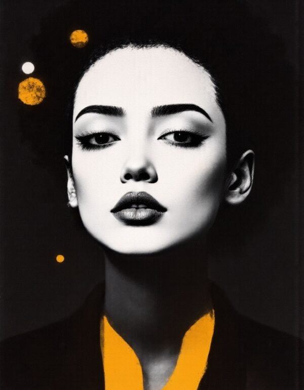 A modern art portrait of a confident woman, with vibrant orange splashes contrasting against monochromatic tones, emphasizing her strength, self-expression, and unique beauty.