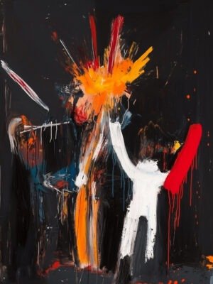 Abstract expressionist painting with vigorous brushstrokes and dramatic color contrasts.