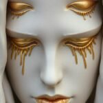 A porcelain-like mask with golden tears, reflecting a sense of mystery and resilience, capturing both sorrow and hope, symbolizing the strength found in vulnerability