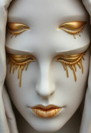 A porcelain-like mask with golden tears, reflecting a sense of mystery and resilience, capturing both sorrow and hope, symbolizing the strength found in vulnerability