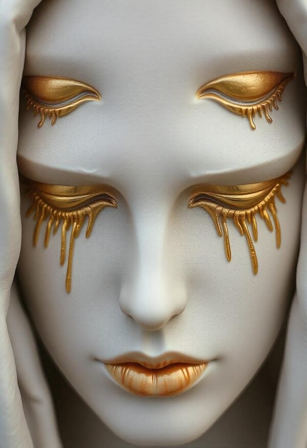 A porcelain-like mask with golden tears, reflecting a sense of mystery and resilience, capturing both sorrow and hope, symbolizing the strength found in vulnerability
