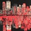 Abstract cityscape art with bold red hues and a reflective water scene.