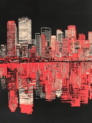 Abstract cityscape art with bold red hues and a reflective water scene.